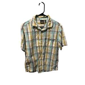 Kavu Button up Shirt Mens M Short Sleeve Blue White Yellow Tan Gorpcore Outdoor